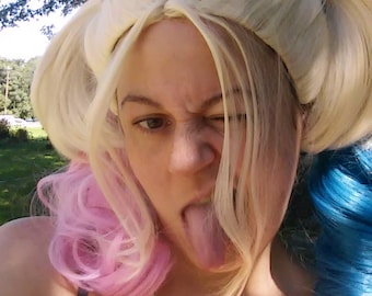Harley Quinn Wig, Light Blond Ponytail Wig with blue and pink, pig tail wig, adjustable, suicide squad, cosplay, heat safe, white, curly