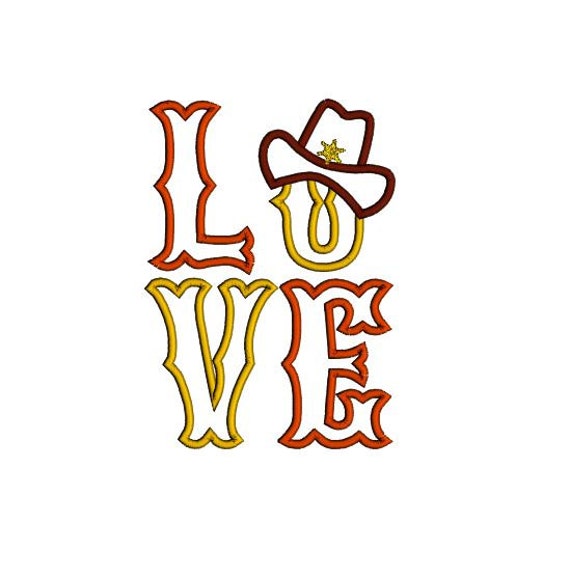 Western Love applique machine embroidery design. Western hat