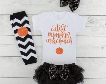 Baby Girl Halloween Outfit Cutest Pumpkin in the Patch Baby First Halloween Outfit Newborn Halloween Costume Girl Baby Halloween H028S