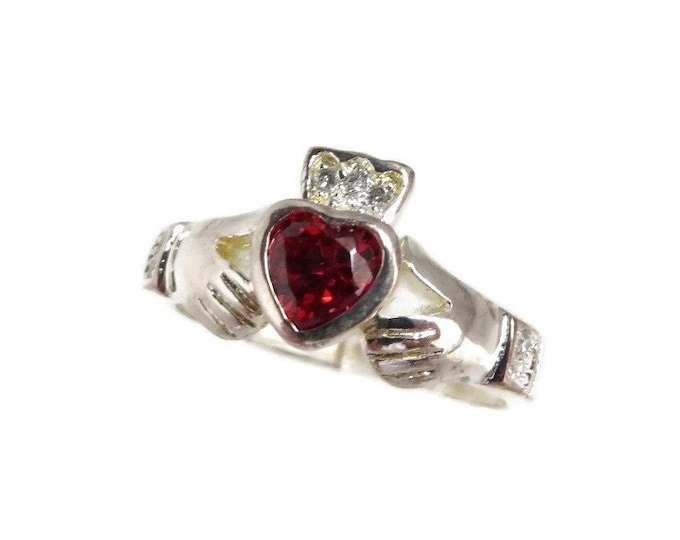 Irish Claddagh Ring, Vintage Sterling Silver and Garnet Ring, Size 8