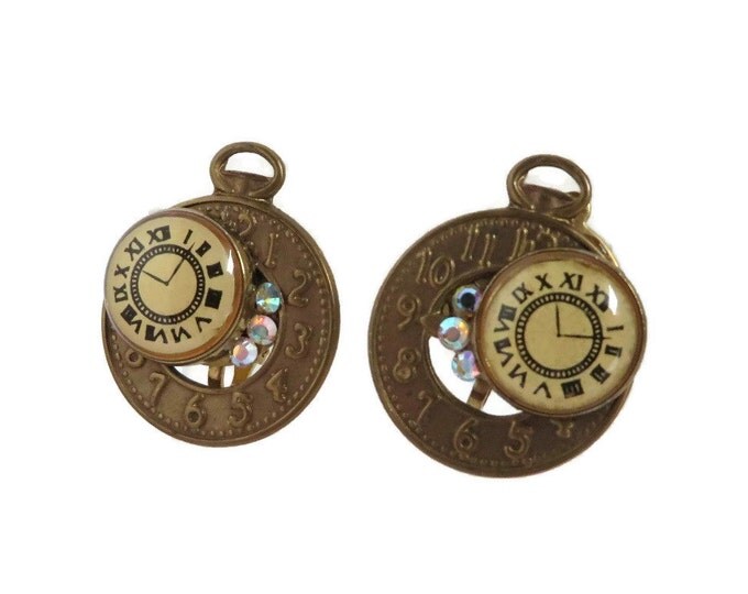Earrings, Vintage Watch Earrings - Copper Toned Rhinestone Studded Clock Clip-on Earrings, Gift for Her