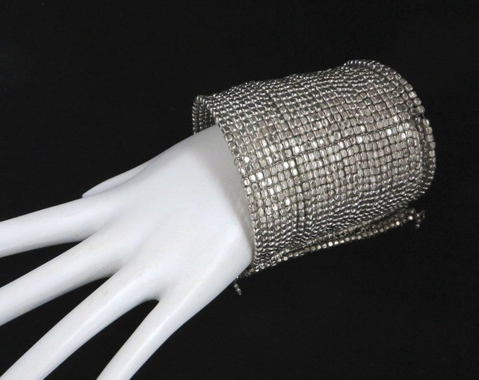 Chunky Wide Silver Tone Beaded Cuff Bracelet