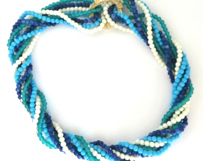 Avon Multistrand Necklace, Vintage Seed Bead Necklace, Blue Green White Beaded Choker