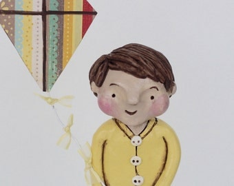 Spring Boy with Kite Original polymer clay folk art sculpture