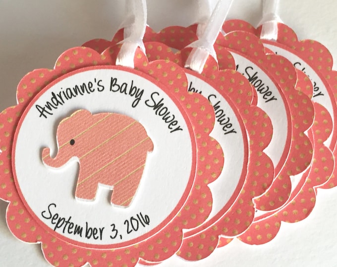 12 Coral and Gold with Baby Elephant. personalized Favor Tags, Baby Showers, New Arrival or First Birthday Parties