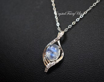 Sterling Silver Rainbow Moonstone Necklace, Moonstone Jewelry Moonstone Pendant Bridal Necklace Yoga Crystal Healing Necklace