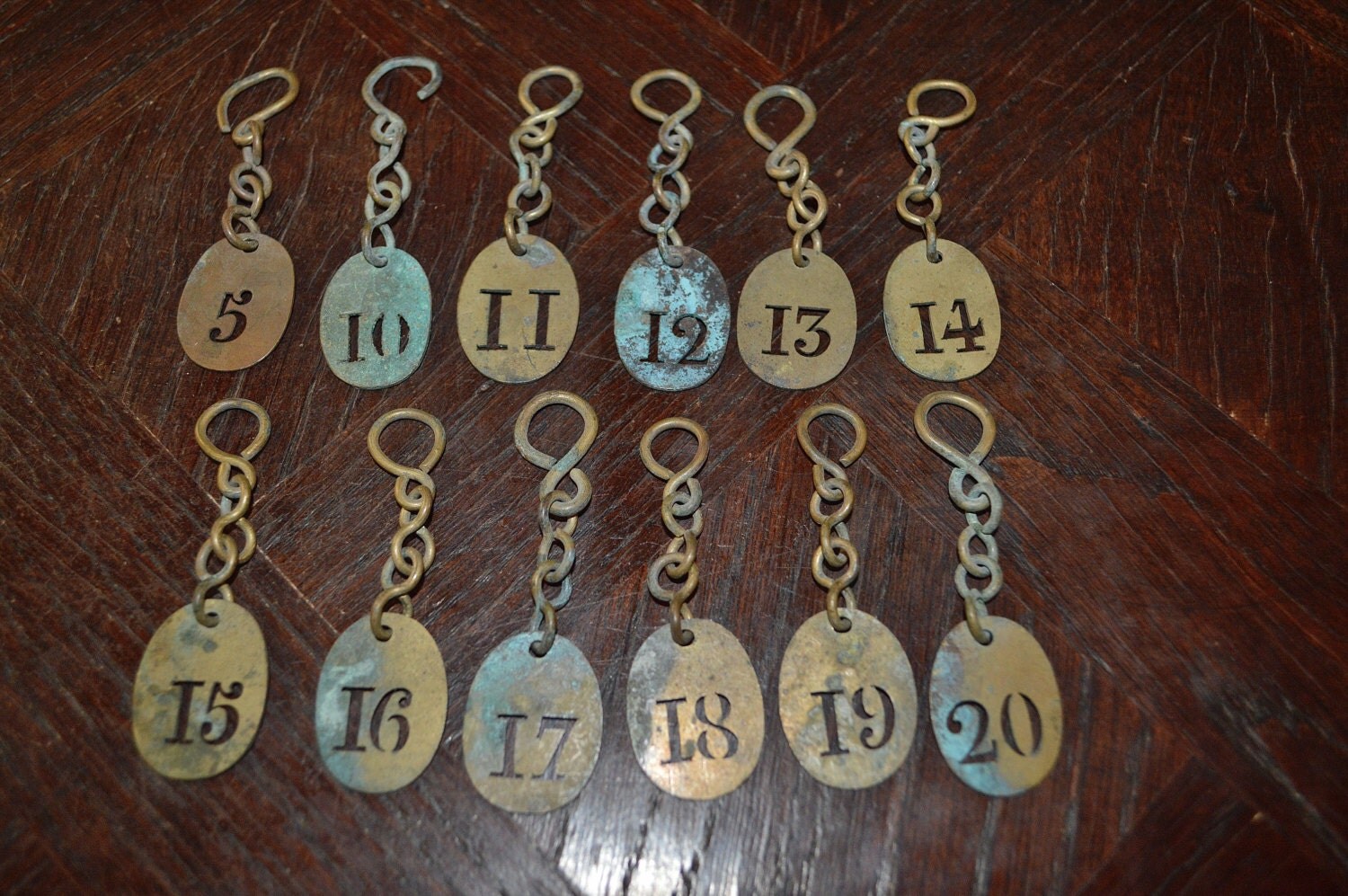 Vintage French Key Tag Brass Hotel Number Signs with Original