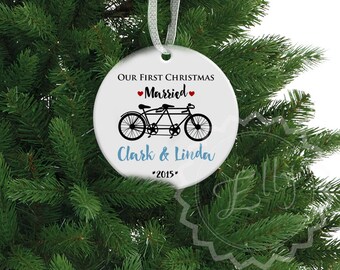 Our First Christmas Tandem Bike Ceramic Ornament, Mr and Mrs Newlyweds - Bicycle Personalized Porcelain Ornament, Custom Family Gift - 081