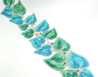 Leaf Vine Appliqué, Choice of Turquoise/Green or Lime/Dark Green Sequins with Beads, 22" x 5.5" - 10185