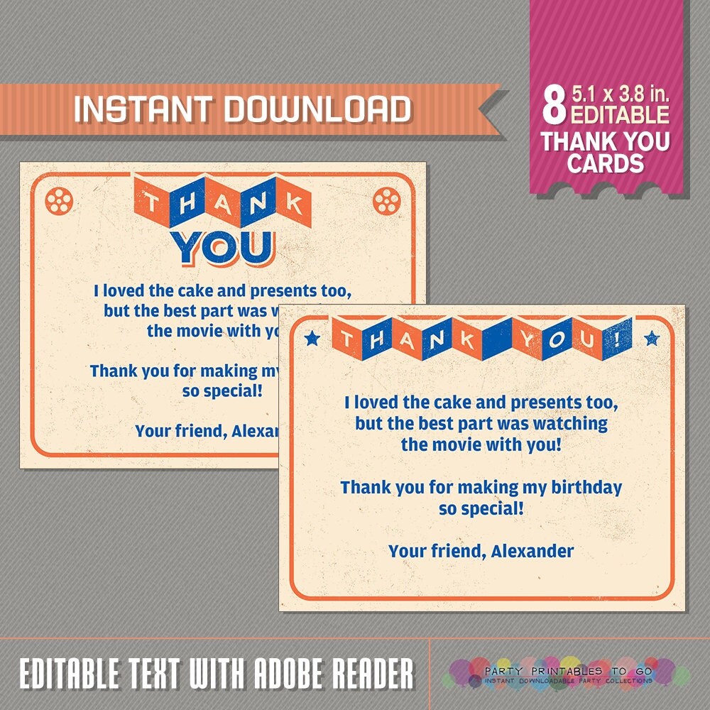 Movie Night Party Thank you Cards / Movie Thank you Tag