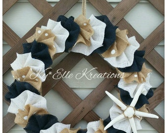 Beach Wreath, Burlap Beach Wreath, Nautical Wreath, Star Fish Beach Wreath,Seashell Wreath, Home Decor,Home Accent,star fish decor,