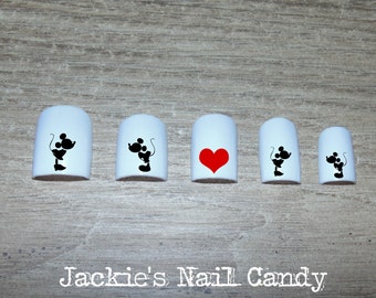 Mickey Mouse and Minnie Mouse Kissing Silhouette with Heart Nail Decals - Disney Nail Art - Black and Red - 25 Designs