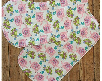 Elephant and turtle burp cloth set, Contoured burp cloth, Babyshower gift idea, Baby girl burp cloth, Baby burpies, Nursery design idea