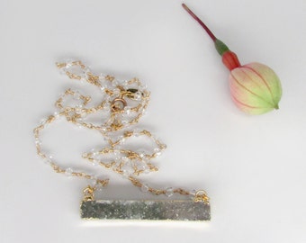 gold gray druzy necklace, 24k gold rectangular druzy necklace, white topaz neclace, hand made white topaz and 24k gold vermeil rosary chain