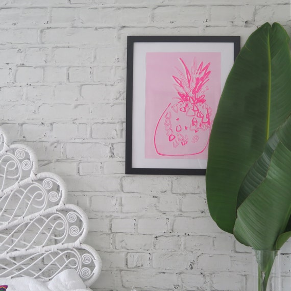 Pineapple Wall Art Neon and Baby Pink Hand painted A3 Screen