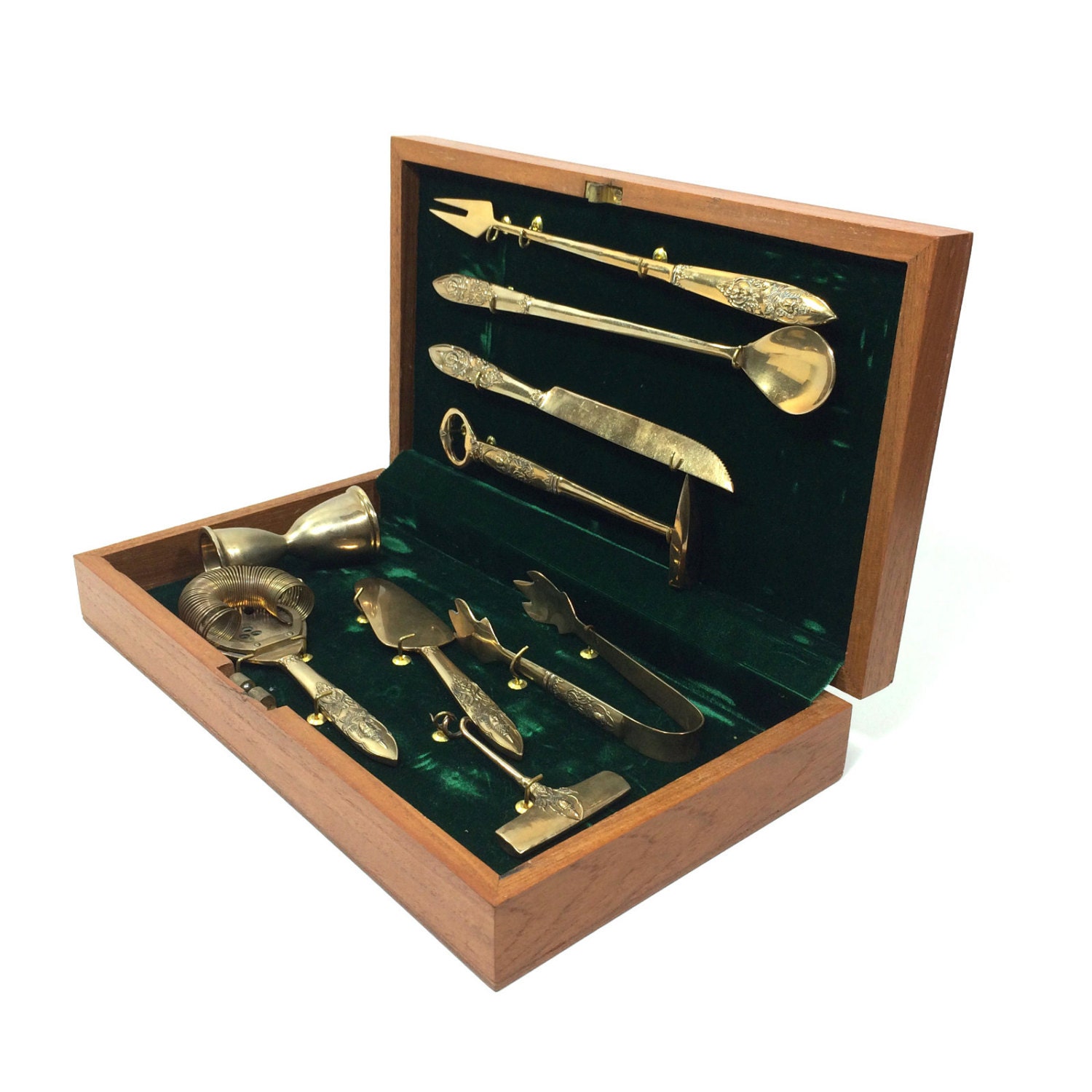 Vintage Brass Bar Tool Set in Wooden Case with Deity Figural