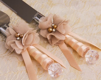 Champagne Wedding Cake Cutting Set, Flower Cake Serving Set, Champagne Wedding Cake Server Set, Wedding Knife Set