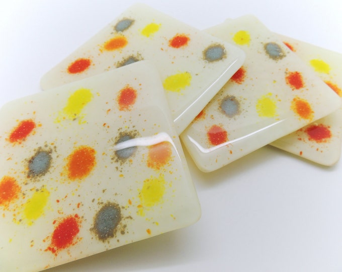 Cream spotted glass coaster set. Contemporary quirky fused glass tiles. Spotty modern coasters. Birthday, wedding, housewarming, anniversary