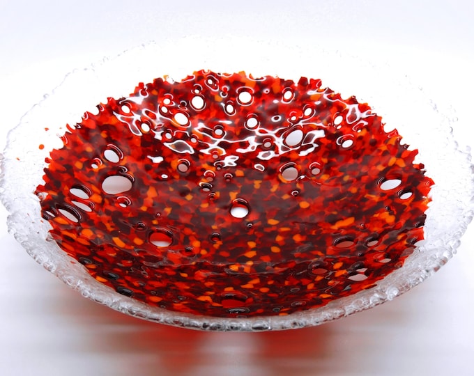 Round red glass dish. Fused glass bowl in mixed red orange tones. Contemporary glass. Wedding anniversary, birthday, housewarming gift idea