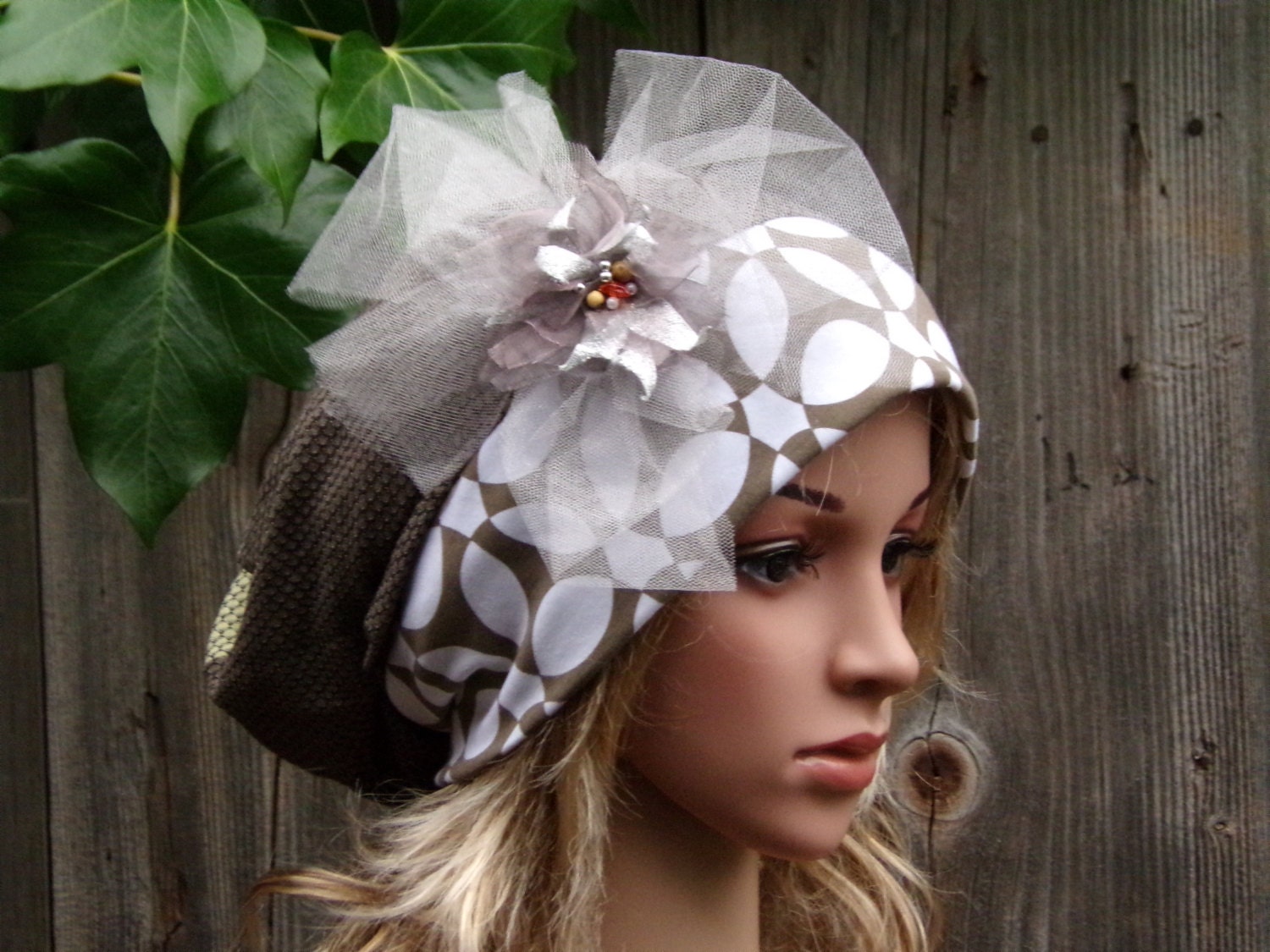 KHAKI and WHITE TAM Women Ladies Beanie Hat Spring Summer