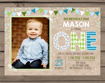 First Birthday Invitation boy birthday invitation 1st birthday Boy Chalkboard blue green grey Navy Blue Buntings Digital PRINTABLE ANY AGE