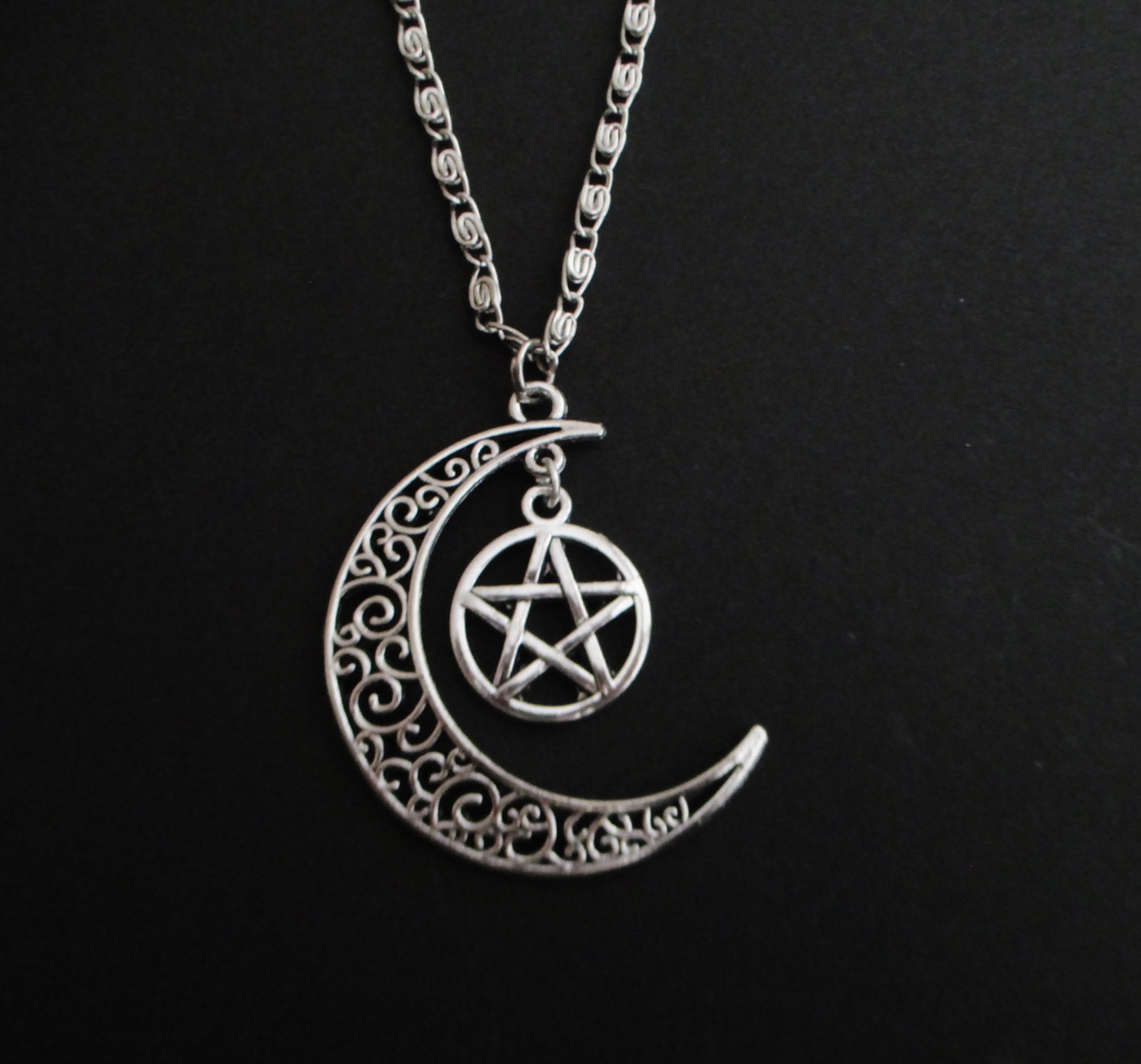 pentagram and crescent moon necklace pagan by OfStarsAndWine