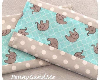 Personalized Elephant Burp Cloths ~ Elephant Baby Shower Gift ~ Gender Neutral Burp Cloths ~ Turquoise and Grey Burp Cloths ~ Set of 2