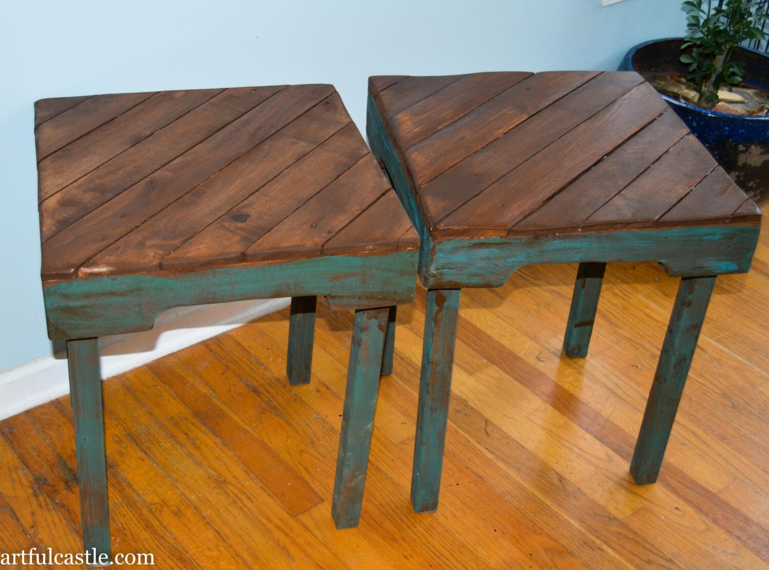 Set of 2 Turquoise Wood Side Tables and Coffee by Artfulcastle
