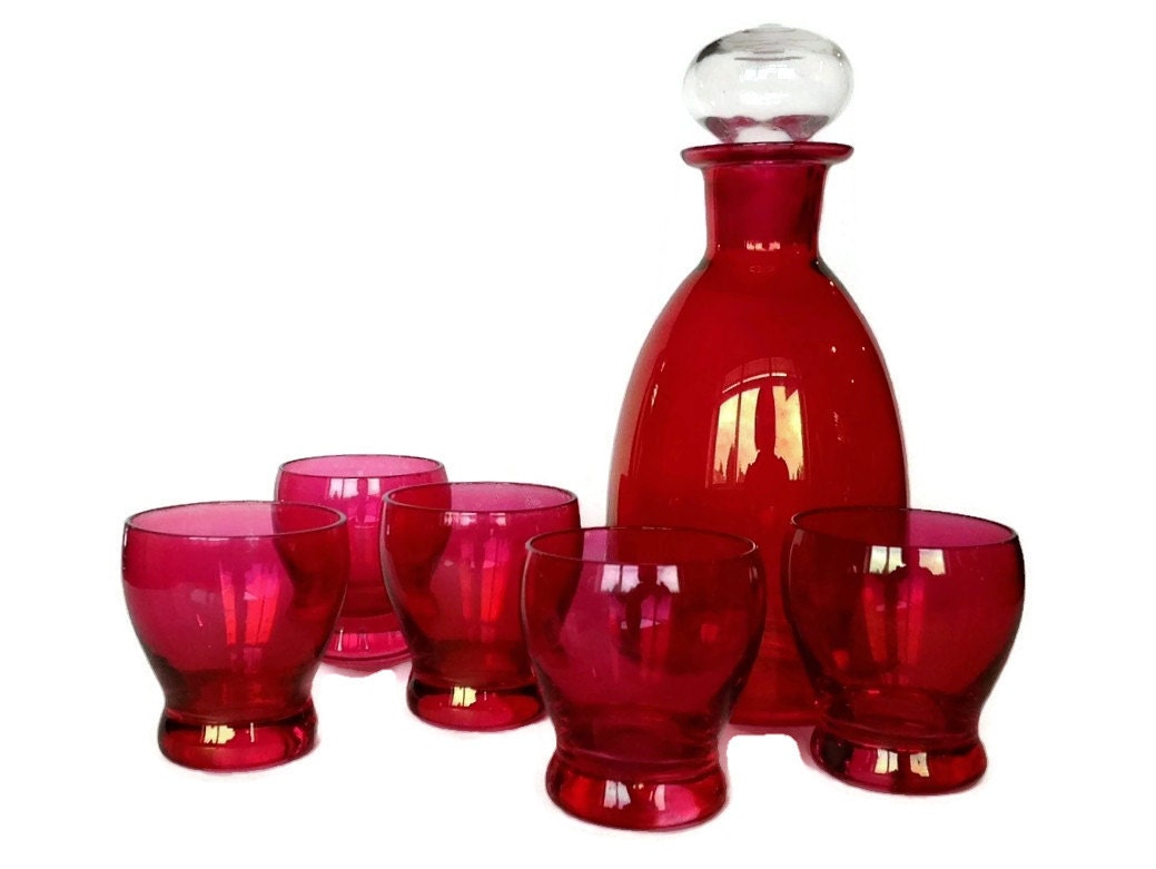 Ruby Flash Decanter Set Red Glass Decanter Vintage Whiskey