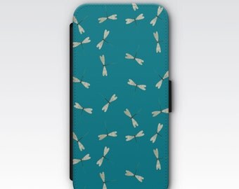iPhone 7 wallet case, iPhone 6s wallet case, iPhone 5s wallet case, S7 Wallet Case, S6 wallet case - Turquoise Dragonfly Pattern Case