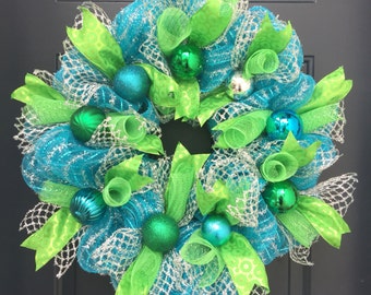 Teal Deco Mesh Christmas Wreath For Front Door, Christmas Ball wreath, Blue Deco Mesh Christmas wreath, Lime green Christmas wreath,