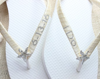 Seaside Wedding Flip Flops, I do bridal favor, bridal shower, gift for bride, save the date, wedding shoes, sandals, ivory satin flip flops