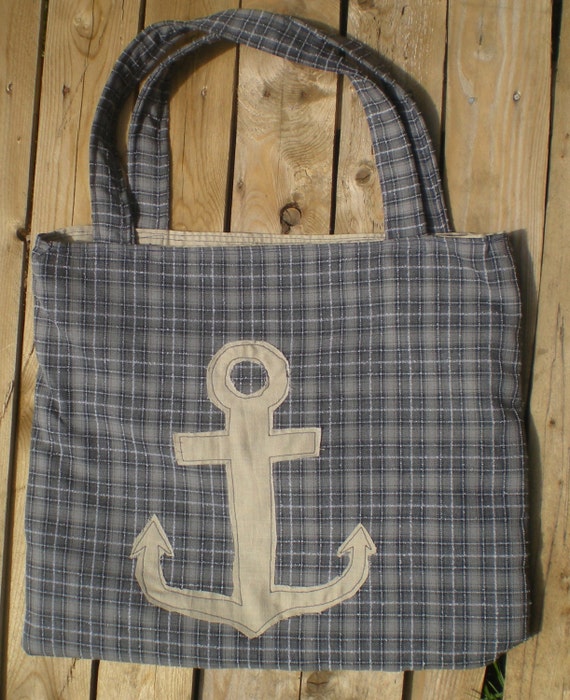 Nautical beach bag anchor bag green and blue plaid tote fully