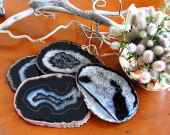 Black Agate Coasters Set of 4 - BLACK DARK BROWN ~Natural, Gold or Silver Edge - Agate Coaster Set of 2 up to 10. Geode Coasters Coaster