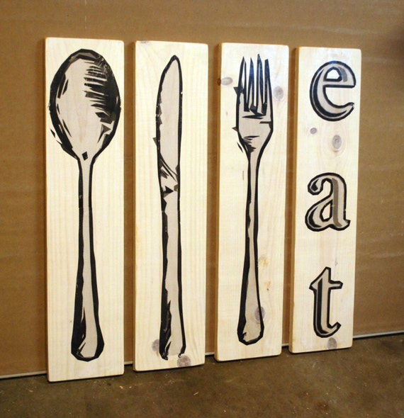 Extra Large Fork Knife and Spoon Wall Art EAT by PYNEandSTEELE