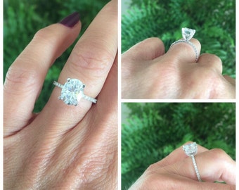 Oval Forever One Moissanite Engagement Ring 2.10ct Oval Center .37ct Natural Diamonds 14k White Gold Unique Ring Pristine Custom Rings