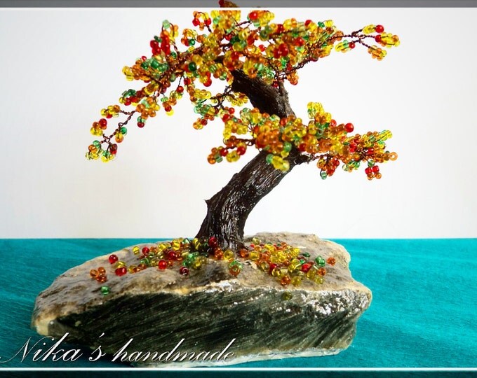 Beaded artificial tree tiny bonsai, autumn japanese bonsai, feng shui tree, wire sculpture, miniature tree