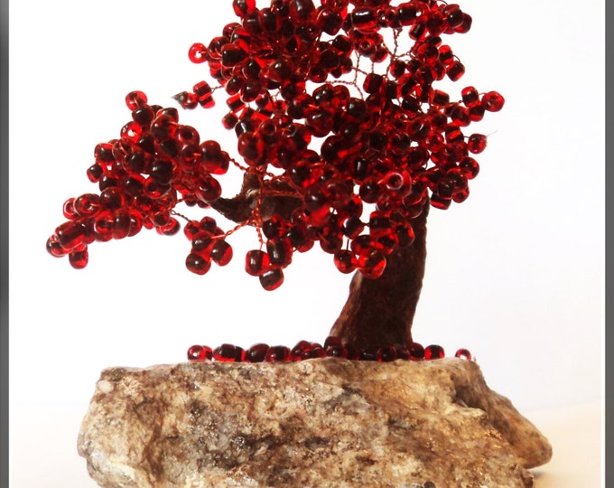Beaded artificial red tree tiny bonsai, autumn japanese bonsai, feng shui tree, wire sculpture, miniature tree