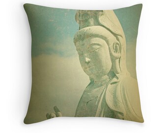 Buddha Pillow, Buddha Cushion, Buddhist Decor, Buddha Decor, Zen Decor, Yoga Decor, Meditation Cushion, Yoga Pillow, Cream Decor, Teal Blue