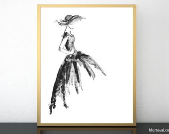 Printable fashion illustration, black and white art, high fashion sketch, printable dorm decor, women gift, gift for her - fsh021 01