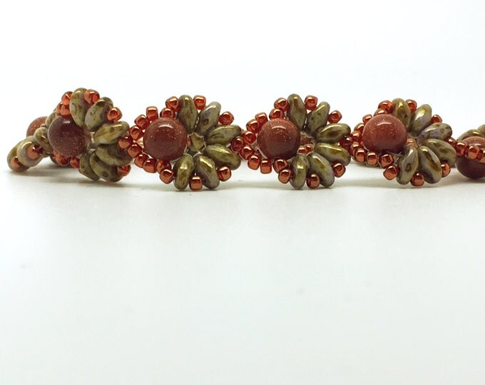 Beadwork Bracelet, brown bracelet, flower bracelet, leaf bracelet, handcrafted bracelet, beaded bracelet, Czech bracelet