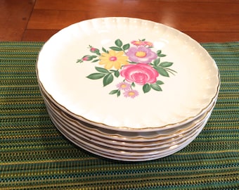 Set of 7 Dinner Plates by W.S. George, Floral, "Bolero", Vintage, Shabby Chic, Scalloped Edge, Gold Trim, Canonsburg Pottery, USA Pottery