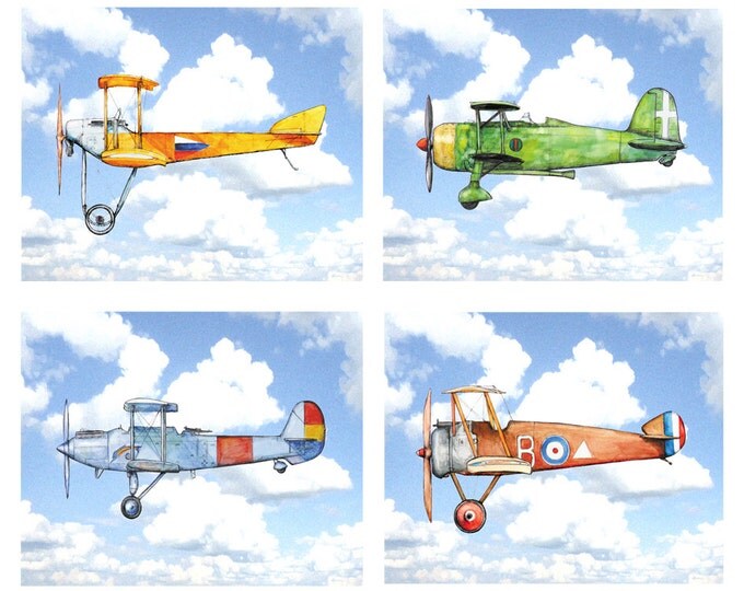 Airplane in clouds decor Nursery print Green airplane flying in blue sky Aircraft watercolor Vintage airplane Aviation Boys nursery wall art
