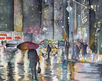 Watercolor Print Rainy Night in NYC 8.5 x 11