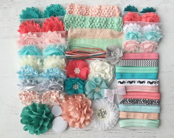 Baby Shower Headband Kit "Coral and Mint", Baby Shower Headband Station, DIY Headband kit, Baby Girl Headbands, Baby Headband Kit