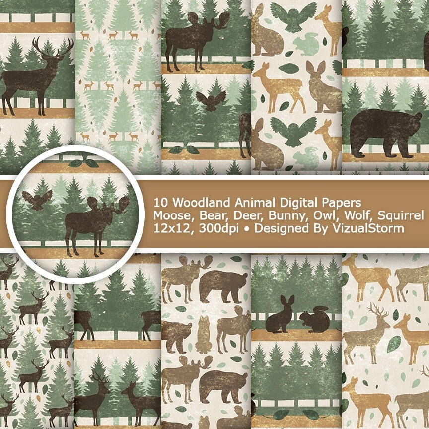 Woodland Animal Digital Paper Printable Woodland Paper Pack