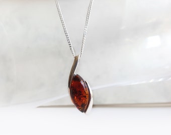 Cognac Amber Pendant Necklace, Sterling Silver Setting Amber Charm, Chain Necklace, 925 Silver Jewelry, Modern Stylish Jewelry, Atigga