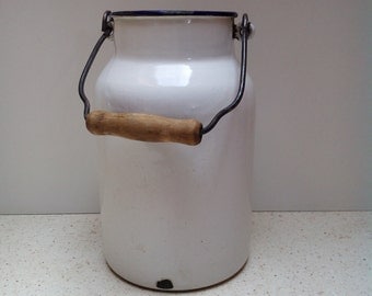 Kitchenalia - vintage White enamel milk can enamelware - milk pail pot