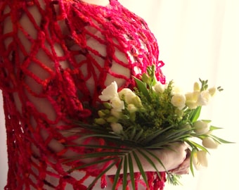 Red Cape, Beaded Cape, Crochet Cape, ChristmasInJuly, CIJ, Bridal Cape, Lace Cape, Wool Cape, Gift for Her, Beaded Capelet, Evening Shawl