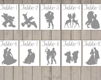 Disney Couple Cards Silhouette Calligraphy (tabel numbers cards wedding) - set of 36 - Digital file